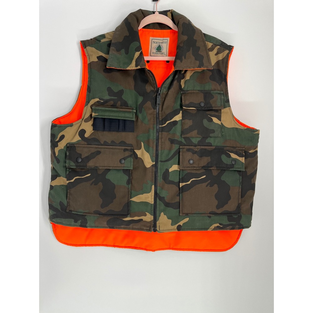 Northwest Territory Camo Hunting Vest XL Reversible Orange Quilted Lining